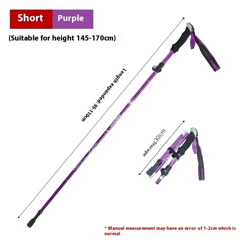 Purple trekking pole for hiking, adjustable length 95-110cm, foldable to 30cm, lightweight design