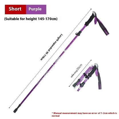 Purple trekking pole for hiking, adjustable length 95-110cm, foldable to 30cm, lightweight design