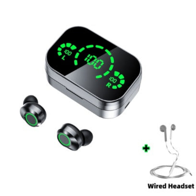 Wireless earbuds with charging case and wired headset on a white background