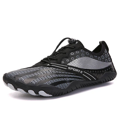 Black and grey minimalist athletic shoe with mesh upper and grippy sole for outdoor fitness