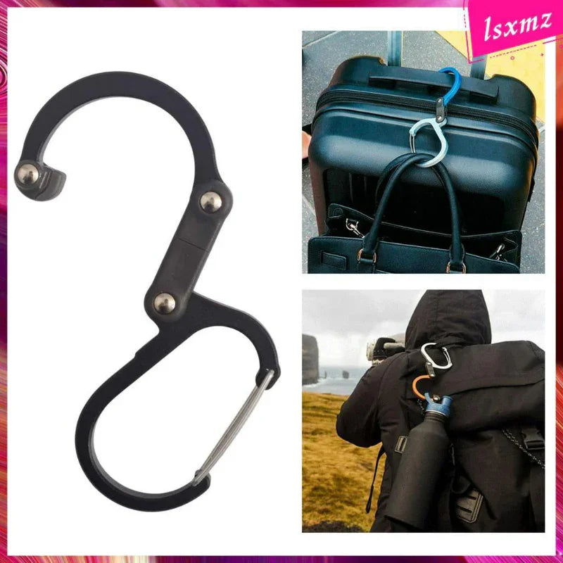 Multi-functional carabiner hook for backpacks and luggage, shown holding bags and water bottles