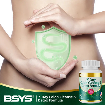 Person holding a green shield over their abdomen with a bottle of BSYS 7-Day Colon Cleanse & Detox Formula.