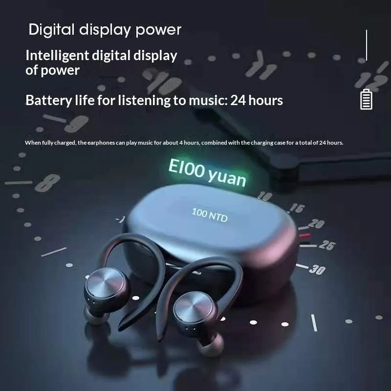 Wireless earbuds with charging case on a dark background, displaying battery life information.