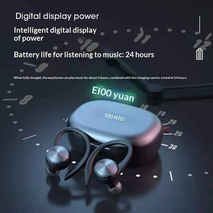 Wireless earbuds with charging case on a dark background, displaying battery life information.