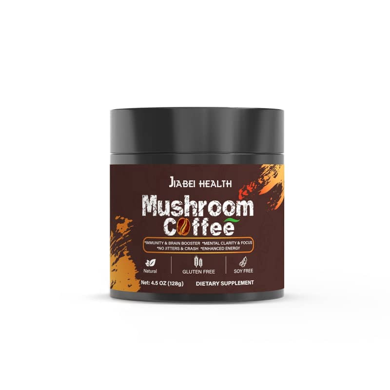 Jiabei Health mushroom coffee powder supplement jar, gluten free, soy free, natural
