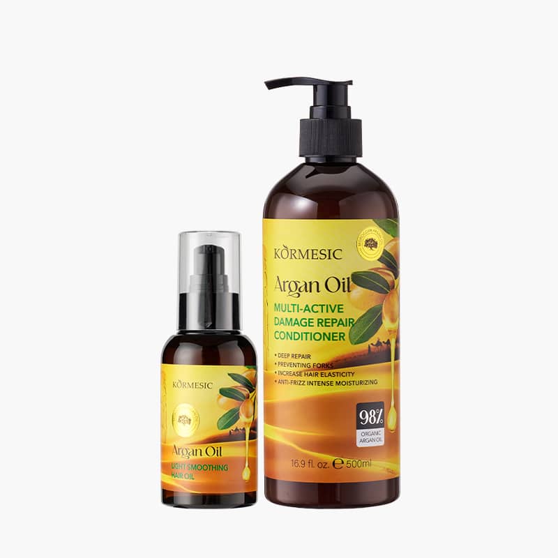 Kormesic Argan Oil hair care products on a white background