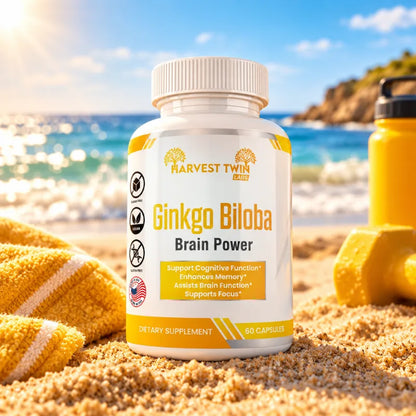 Ginkgo Biloba Brain Power 60 Capsules by Harvest Twin Labs – supports cognitive function, memory, focus and mental clarity – vegan, sugar-free, GMO-free dietary supplement