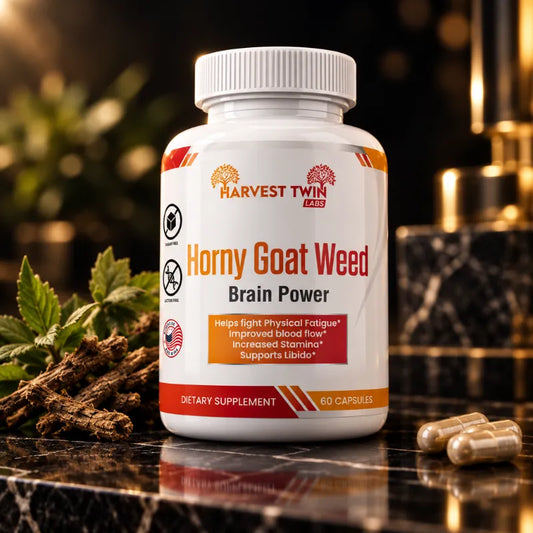 A white bottle of Harvest Twin Labs Horny Goat Weed Brain Power dietary supplement, styled on a black marble surface with green leaves, dried herbs, and two capsules in the foreground.
