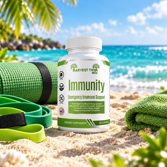 A white bottle of Harvest Twin Labs Immunity Emergency Immune Support dietary supplement, placed on a sandy beach with a green yoga mat, resistance bands, and a towel in the background.