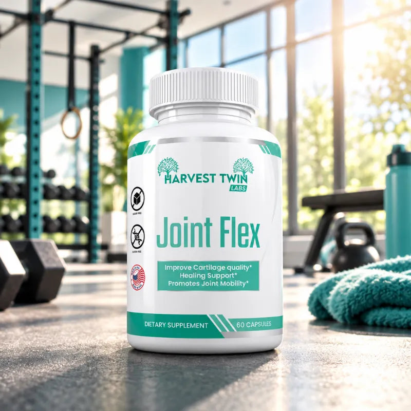 A white bottle of Harvest Twin Labs Joint Flex dietary supplement capsules, set on a gym floor with dumbbells, a towel, and a window in the blurred background.