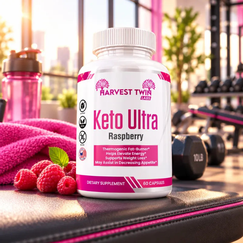 A bottle of Harvest Twin Keto Ultra Raspberry dietary supplement placed on a gym floor with raspberries, a pink towel, and dumbbells in the background.