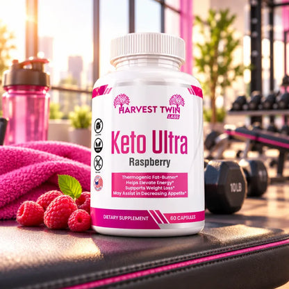 A bottle of Harvest Twin Keto Ultra Raspberry dietary supplement placed on a gym floor with raspberries, a pink towel, and dumbbells in the background.