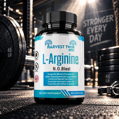 A bottle of Harvest Twin Labs L-Arginine N.O.