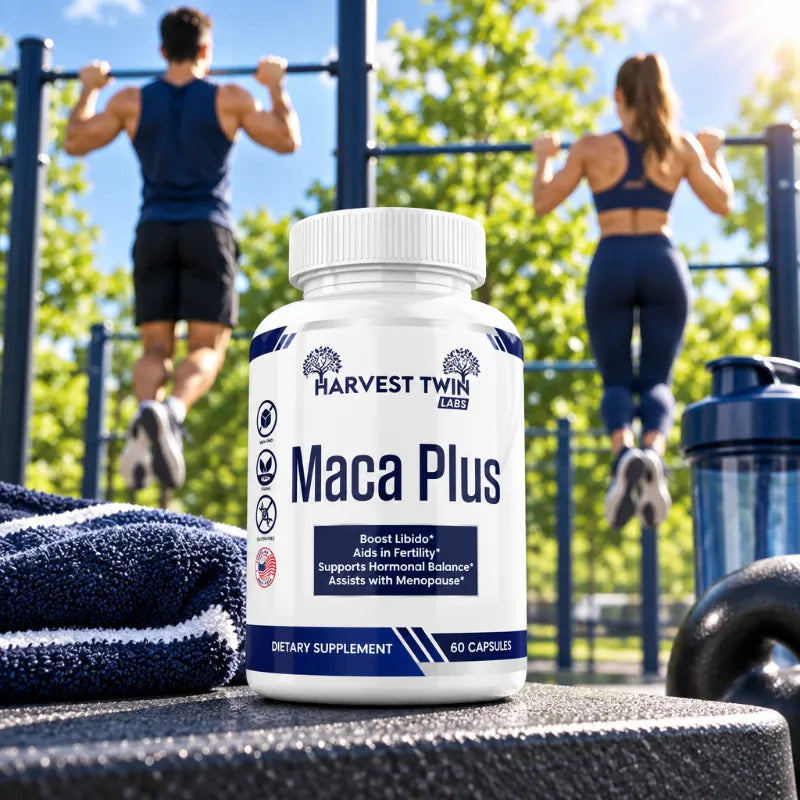 A bottle of Harvest Twin Labs Maca Plus dietary supplement sits on a workout bench in an outdoor gym, with two people pulling up on a fitness park bench in the background.