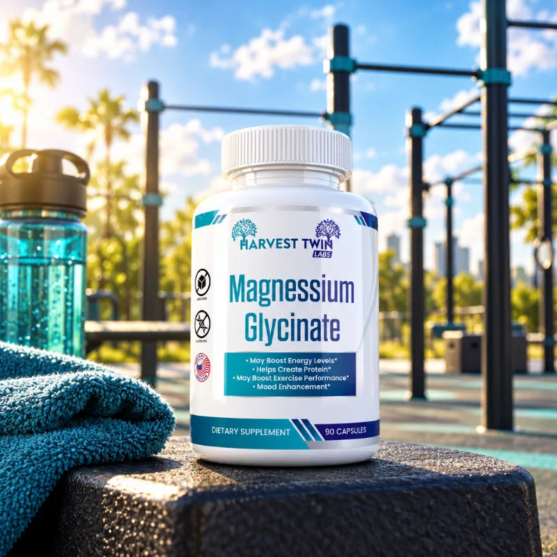 A bottle of Harvest Twin Labs Magnesium Glycinate dietary supplement placed on a dark stone surface outdoors at an open gym, with a blue towel, water bottle, and palm trees in the background.