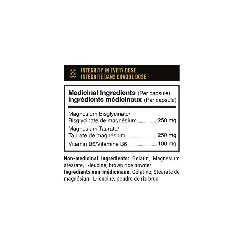 A supplement label panel showing the 'Medicinal Ingredients' list in French and English, with Magnesium Bisglycinate and Vitamin B6 listed. The label has a black header with gold text and is presented on a solid white background.
