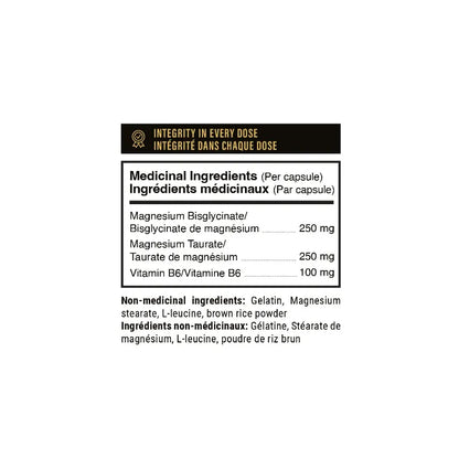 A supplement label panel showing the 'Medicinal Ingredients' list in French and English, with Magnesium Bisglycinate and Vitamin B6 listed. The label has a black header with gold text and is presented on a solid white background.