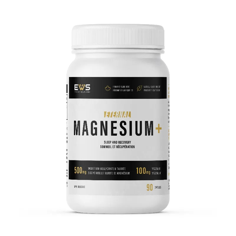 A white plastic bottle of EWS Magnesium+ supplement with a white cap, featuring a black and gold label, on a solid white background.