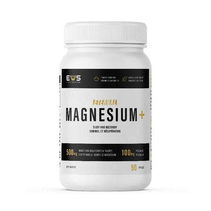 A white plastic bottle of EWS Magnesium+ supplement with a white cap, featuring a black and gold label, on a solid white background.