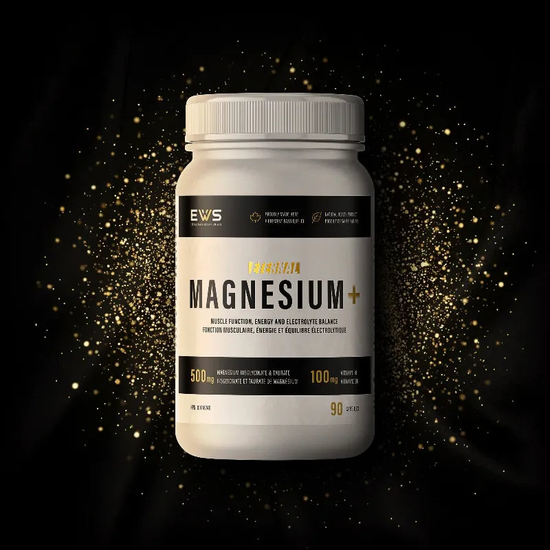 A white bottle of EWS Magnesium+ supplement centered on a black background with gold glitter-like speckles. The label is mostly white and black with gold text, and the bottle appears to be the product being sold.