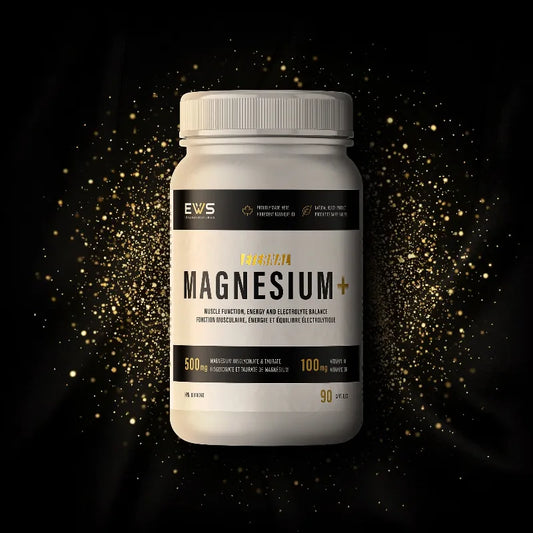 A white bottle of EWS Magnesium+ supplement centered on a black background with gold glitter-like speckles. The label is mostly white and black with gold text, and the bottle appears to be the product being sold.