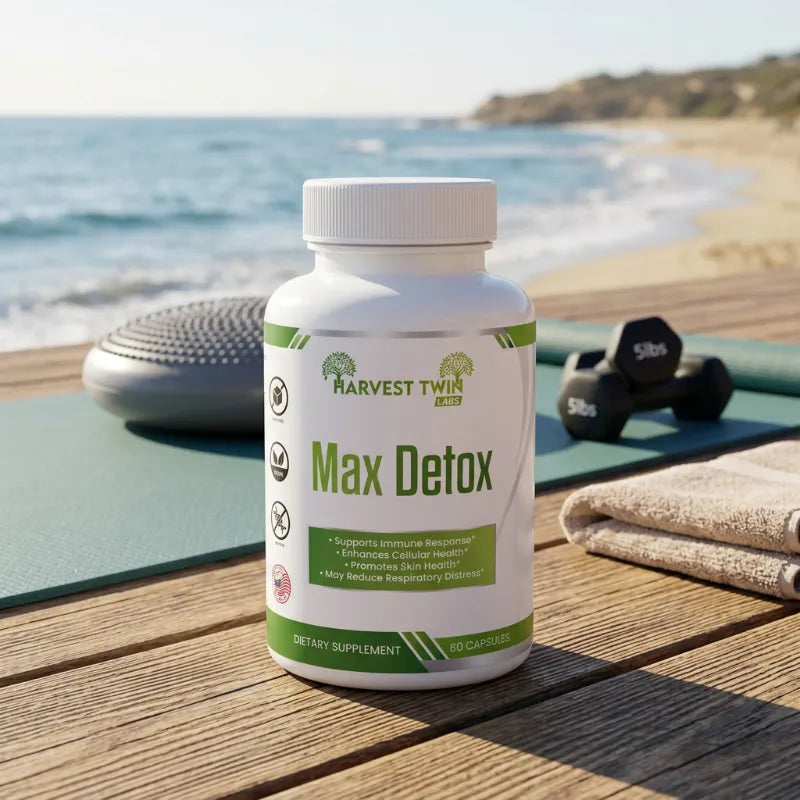 A white bottle of Harvest Twin Max Detox dietary supplement placed on a wooden deck with a beach background, surrounded by a yoga mat, dumbbells, and a towel.