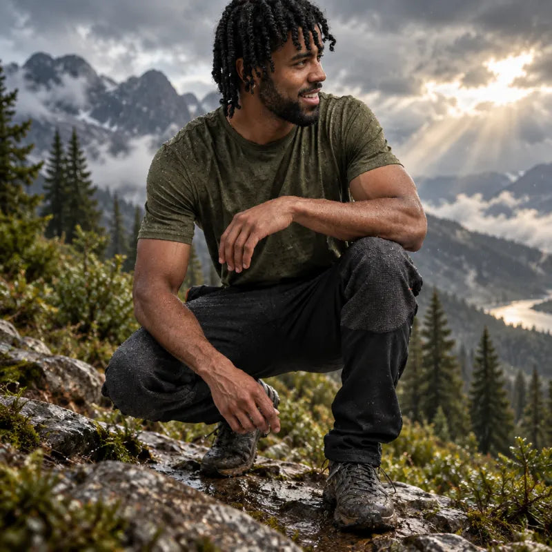 A man crouching on a rocky mountain path wearing an olive green t-shirt, dark gray hiking pants, and hiking boots, with a misty mountain landscape in the background.