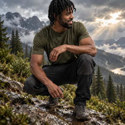 A man crouching on a rocky mountain path wearing an olive green t-shirt, dark gray hiking pants, and hiking boots, with a misty mountain landscape in the background.
