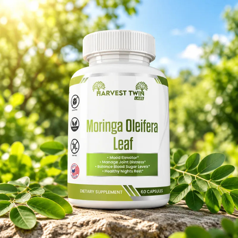 A white bottle of Harvest Twin Moringa Oleifera Leaf dietary supplement, placed on a tree trunk outdoors with green leaves and a sunny forest background.