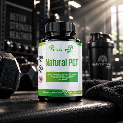 A bottle of Harvest Twin Labs Natural PCT dietary supplement placed on a black gym bench with dumbbells and a shaker bottle in a blurred gym background.