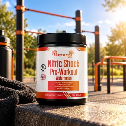 A tub of Harvest Twin Labs Nitric Shock Pre-Workout Watermelon sits on a stone bench at an outdoor gym, with a black towel and another bottle blurred in the foreground and background.