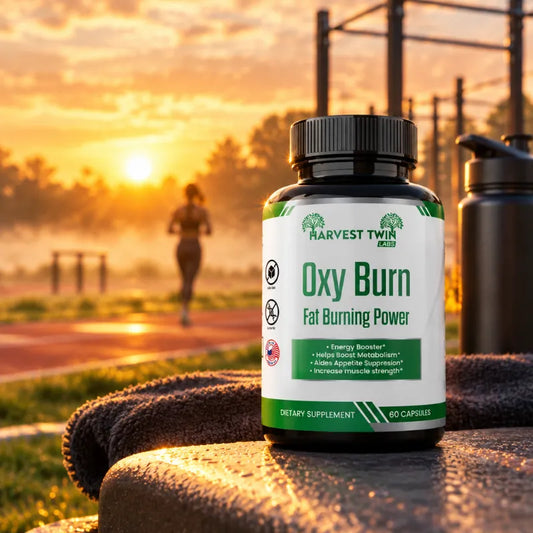 A bottle of Harvest Twin Oxy Burn Fat Burning Power dietary supplement placed on a wet stone surface with a towel, set against a blurred outdoor running track at sunrise.