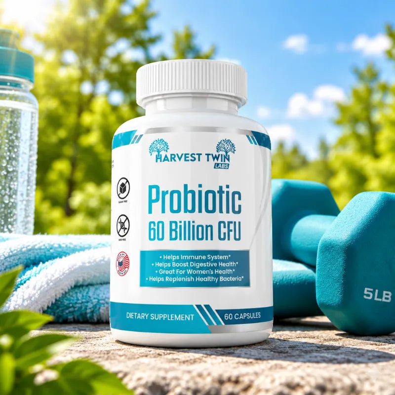 A white bottle of Harvest Twin Probiotic 60 Billion CFU dietary supplement, set on a stone surface outdoors with a towel, dumbbells, and a water bottle in a blurred green garden background.