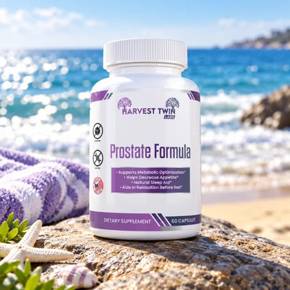 A white bottle of Harvest Twin Labs Prostate Formula dietary supplement stands on a beach rock with ocean waves and a towel blurred in the background.
