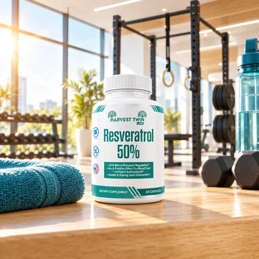 A bottle of HARVEST TWINS Resveratrol 50% dietary supplement capsules sits on a wooden table in a bright, modern gym setting. The background features a window with warm sunlight, a folded teal towel, and gym equipment including a rack and dumbbells.
