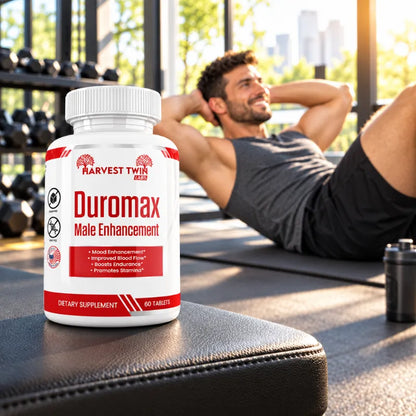 A bottle of Harvest Twin Duromax Male Enhancement dietary supplement is shown in the foreground on a gym bench, with a man doing abdominal exercises in a sunny gym in the background.