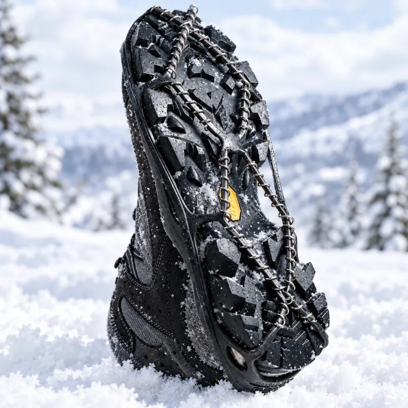 A black winter hiking boot with metal crampons attached to its sole, standing in deep snow with a blurred mountain and pine forest background.
