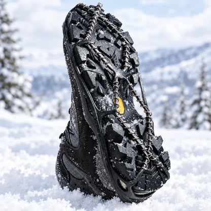 A black winter hiking boot with metal crampons attached to its sole, standing in deep snow with a blurred mountain and pine forest background.