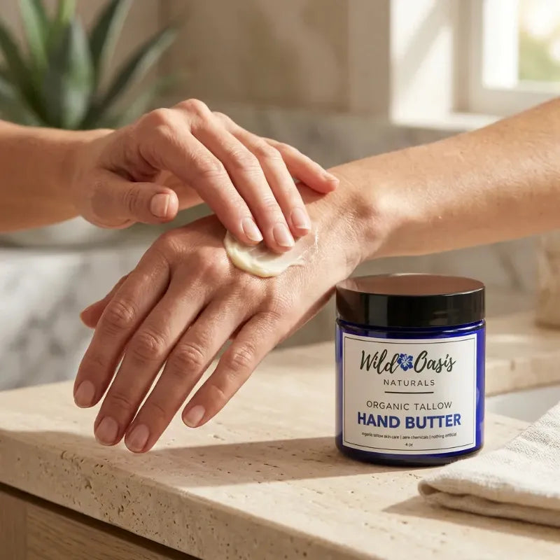 A jar of Wild Oaks Naturals Organic Tallow Hand Butter sits on a light stone countertop, with a person's hands applying the butter from a round applicator.