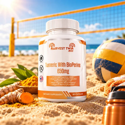 Turmeric with BioPerine 650mg by Harvest Twin Labs – 60 capsules – promotes digestive health, metabolism, blood pressure regulation and memory function – sugar-free, GMO-free dietary supplement