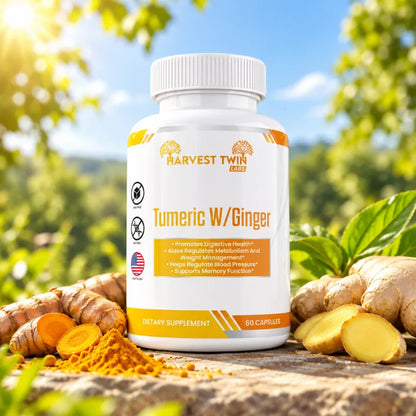 A white bottle of Harvest Twin Labs Turmeric W/Ginger dietary supplement, styled on a stone surface with fresh turmeric roots, sliced turmeric, and ginger in a sunny, green outdoor garden setting.
