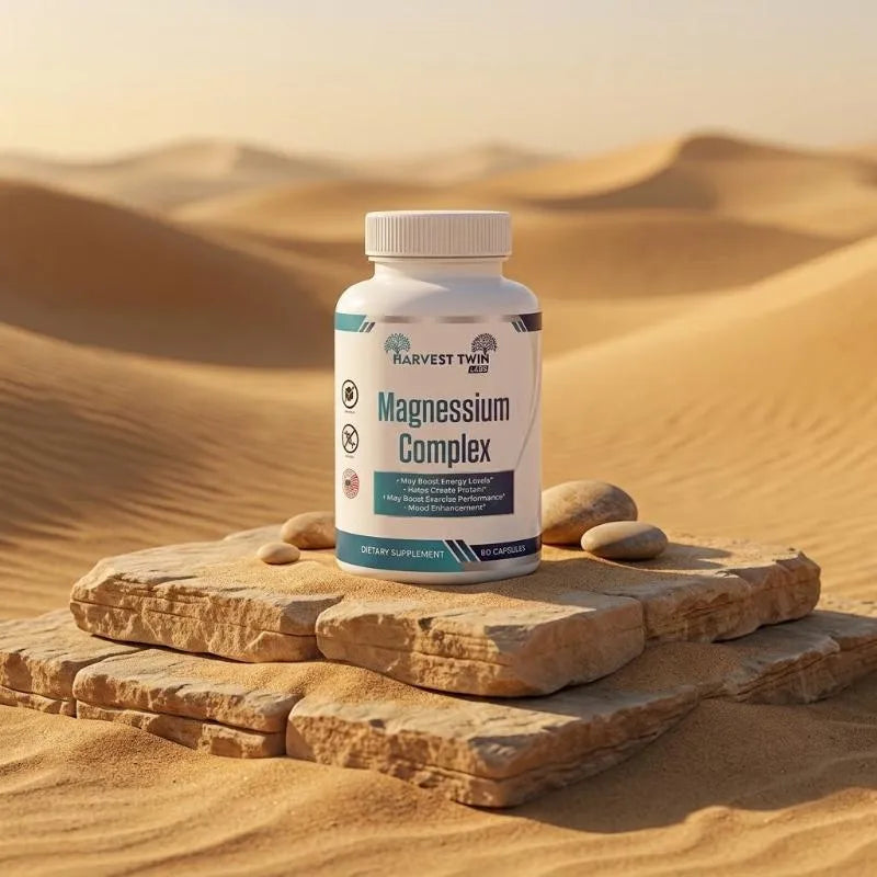 A bottle of Harvest Two Labs Magnesium Complex dietary supplement stands on stacked rocks in a desert landscape with sand dunes in the background.