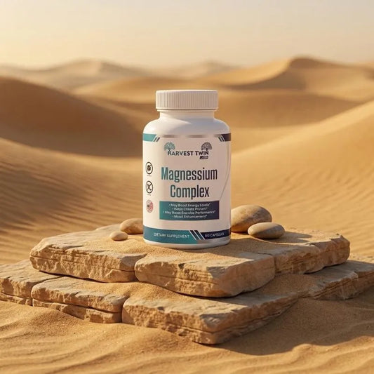 A bottle of Harvest Two Labs Magnesium Complex dietary supplement stands on stacked rocks in a desert landscape with sand dunes in the background.