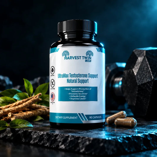 A bottle of Harvest Twin Labs UltraMax Testosterone Support dietary supplement, shown with capsules and herbal roots on a dark stone surface with a dumbbell in the background.
