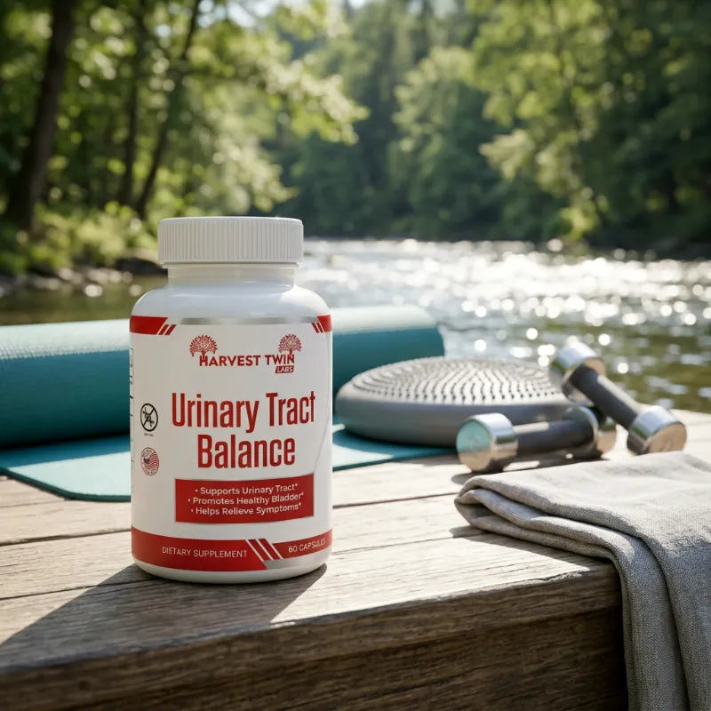 A bottle of HARVEST TWIN Labs Urinary Tract Balance dietary supplements sits on a wooden deck next to a river, with a yoga mat, balance board, and dumbbells in the background.