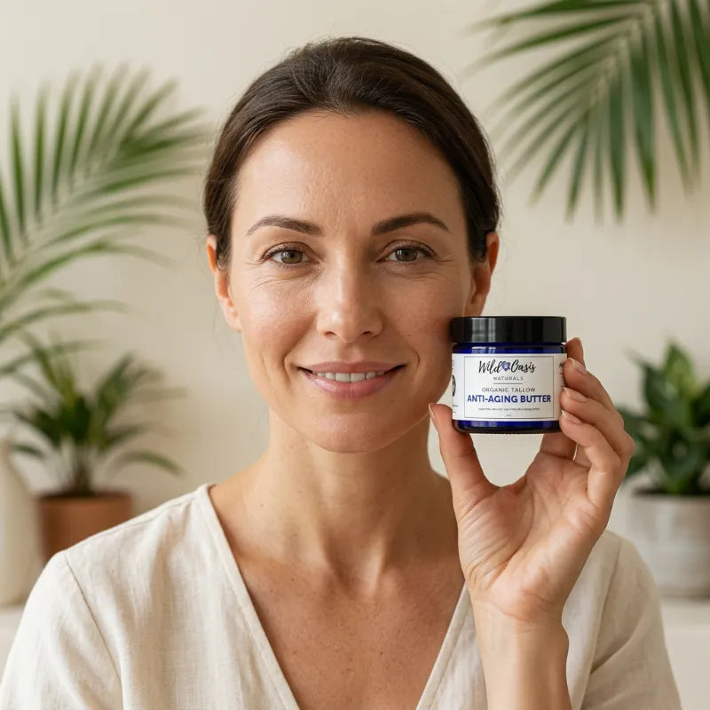 A woman holding a jar of WildBeez Anti-Aging Butter in front of her face, with a soft-focus background of indoor plants.