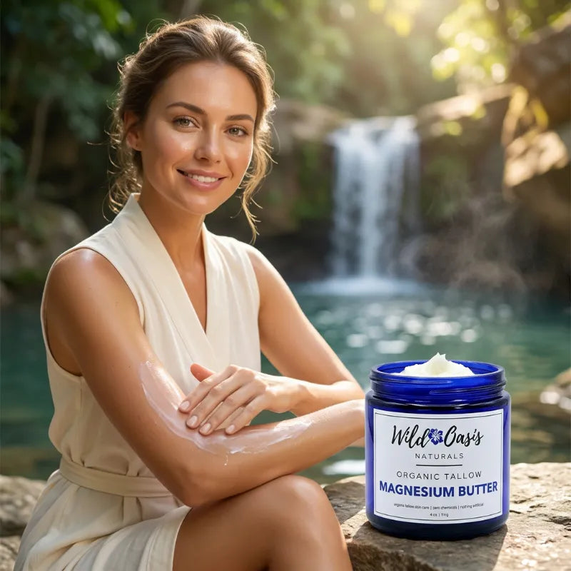 A woman in a cream robe sits outdoors by a waterfall, applying a white cream to her arm, with a jar of Wild Cow's Naturals Organic Tallow Magnesium Butter placed on the rock beside her.